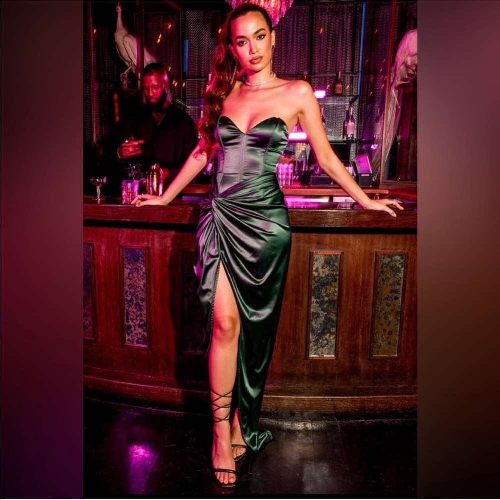 Fashion Nova Strapless Green Satin Dress